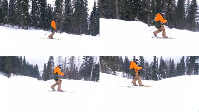 使用Telemark技术沿着雪道的运动员天空
