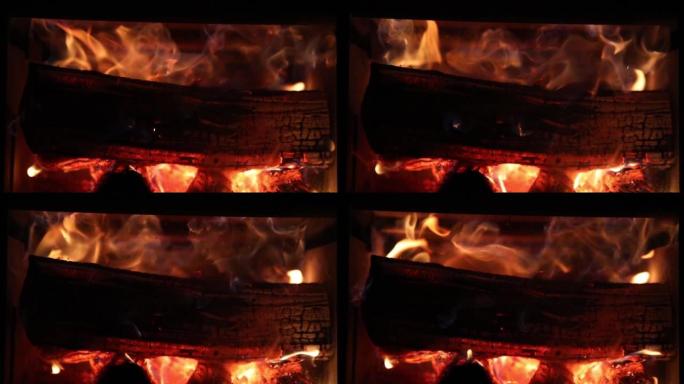 木炉中燃烧的慢动作木材