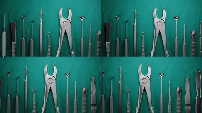 特写集的牙医工具手术在绿色背景。牙齿卫生和健康概念形象。3D动画选择性聚焦。