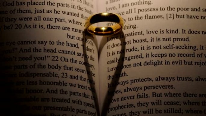 圣经书上的金色结婚戒指