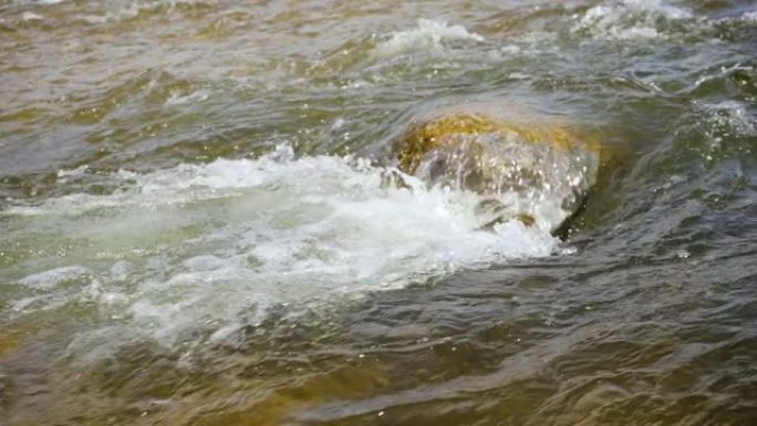 在小石头上流过春河的水，慢动作视频