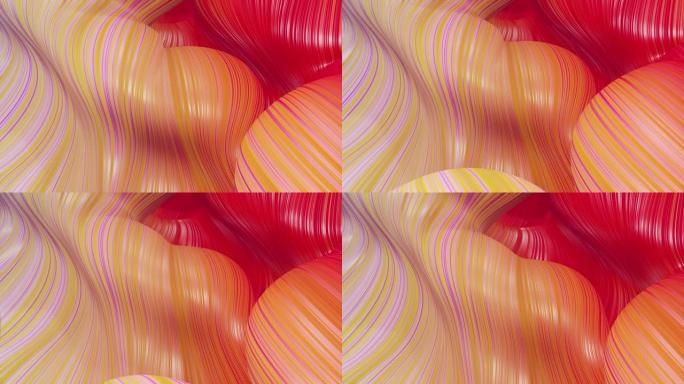 表面波浪的美丽抽象背景，红色黄色渐变，挤压线条作为条纹织物表面，在液体上有褶皱或波浪。4k环路。7