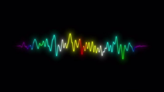 孤立的黑色背景上的彩色发光霓虹灯波形脉冲振幅光。彩虹音频和声波。数字无线电音乐频率图。4K VFX电