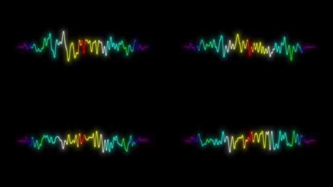 孤立的黑色背景上的彩色发光霓虹灯波形脉冲振幅光。彩虹音频和声波。数字无线电音乐频率图。4K VFX电