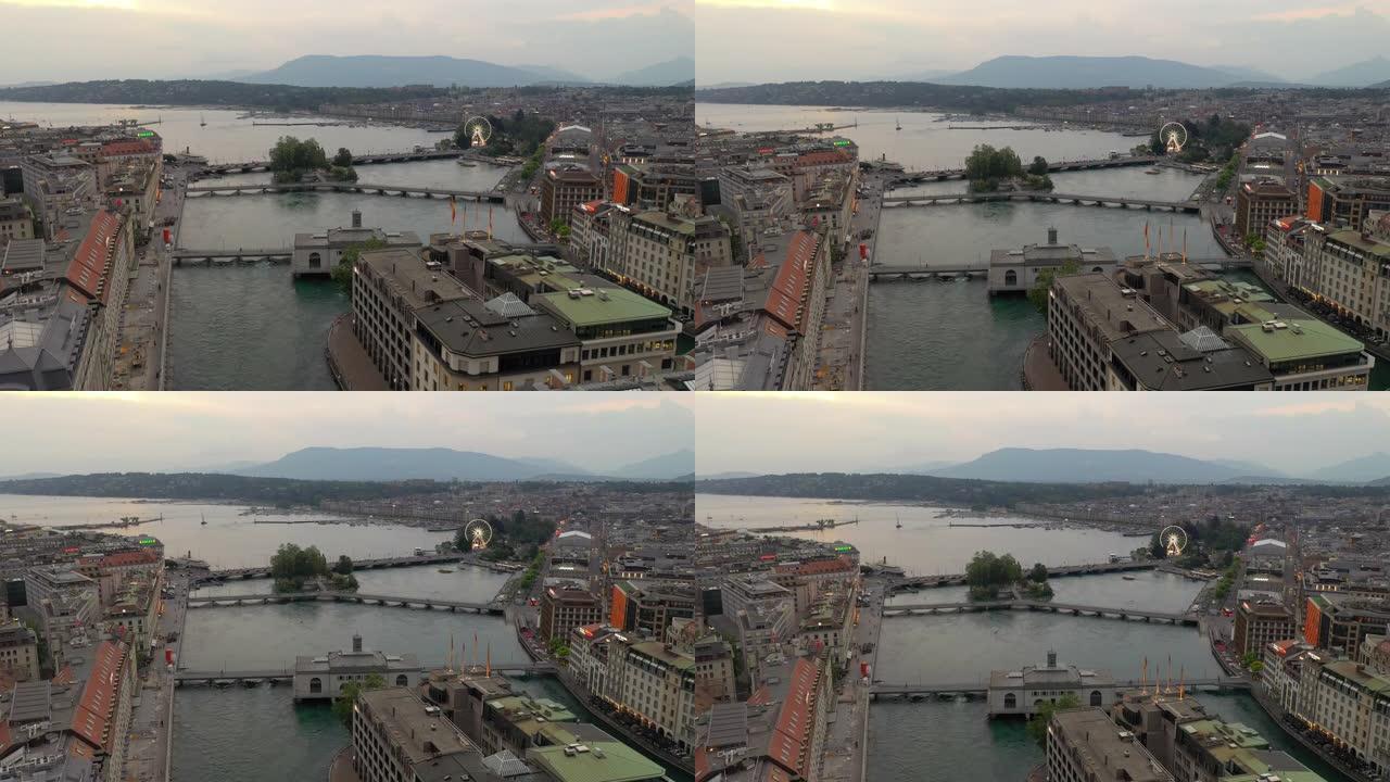 日落时间照明日内瓦湖滨城市景观航空全景4k瑞士