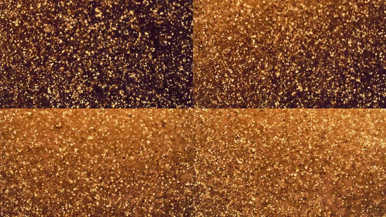 抽象的金色粒子与模糊的散焦的波克移动混乱，雪花