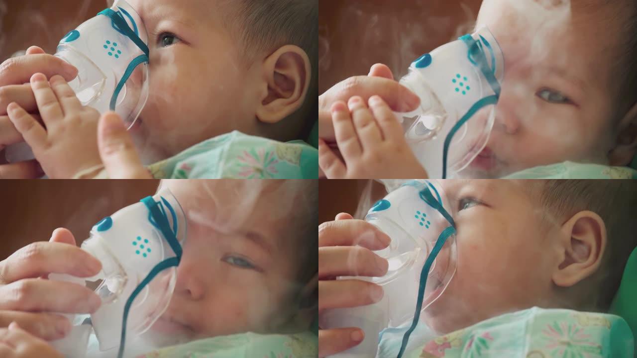 生病婴儿的雾化器治疗。