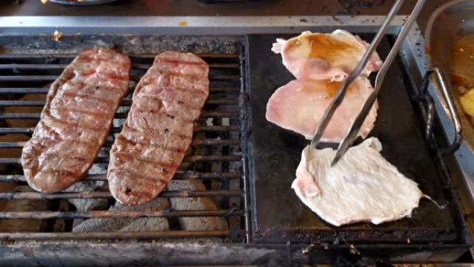 餐厅烧烤牛肉和猪肉