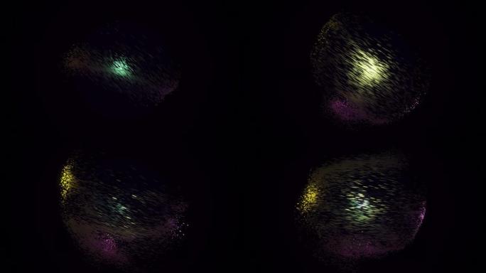 圆点以球形旋转。动画。黑色背景上带有发光粒子的混合球体的抽象动画