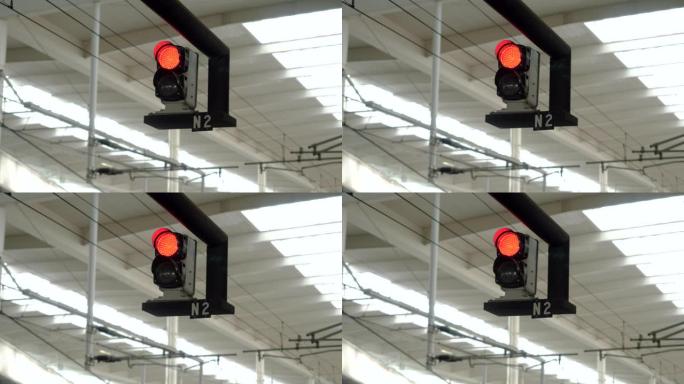 铁路交通信号灯红色停车灯的特写镜头。4K