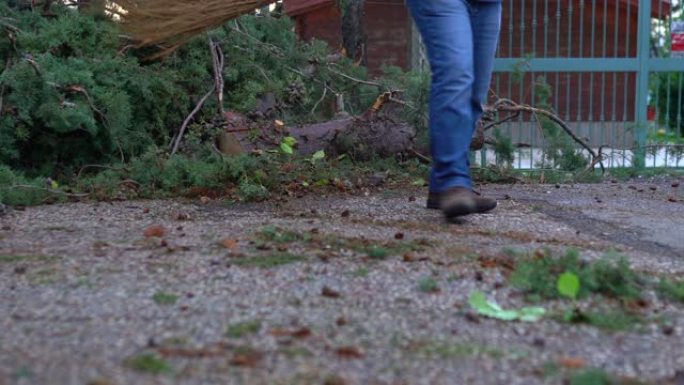 看门人男性用手工扫帚扫马路。男子清理堵塞的道路，清除倒下的原木和折断的树枝。志愿者在户外清理飓风破坏