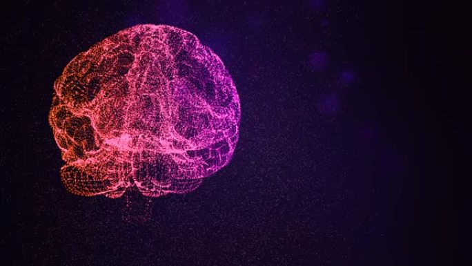 大脑的3d明亮动画和令人困惑的思想，由太空中的闪闪发光的粒子与飞行的散景解释。