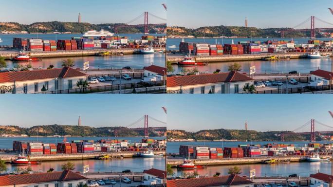 里斯本商业港口天际线延时，4月25日桥，码头上的集装箱，货运起重机