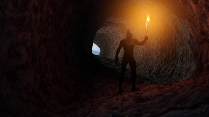 爬行动物人形动物在洞穴中手持燃烧的火炬的3d动画