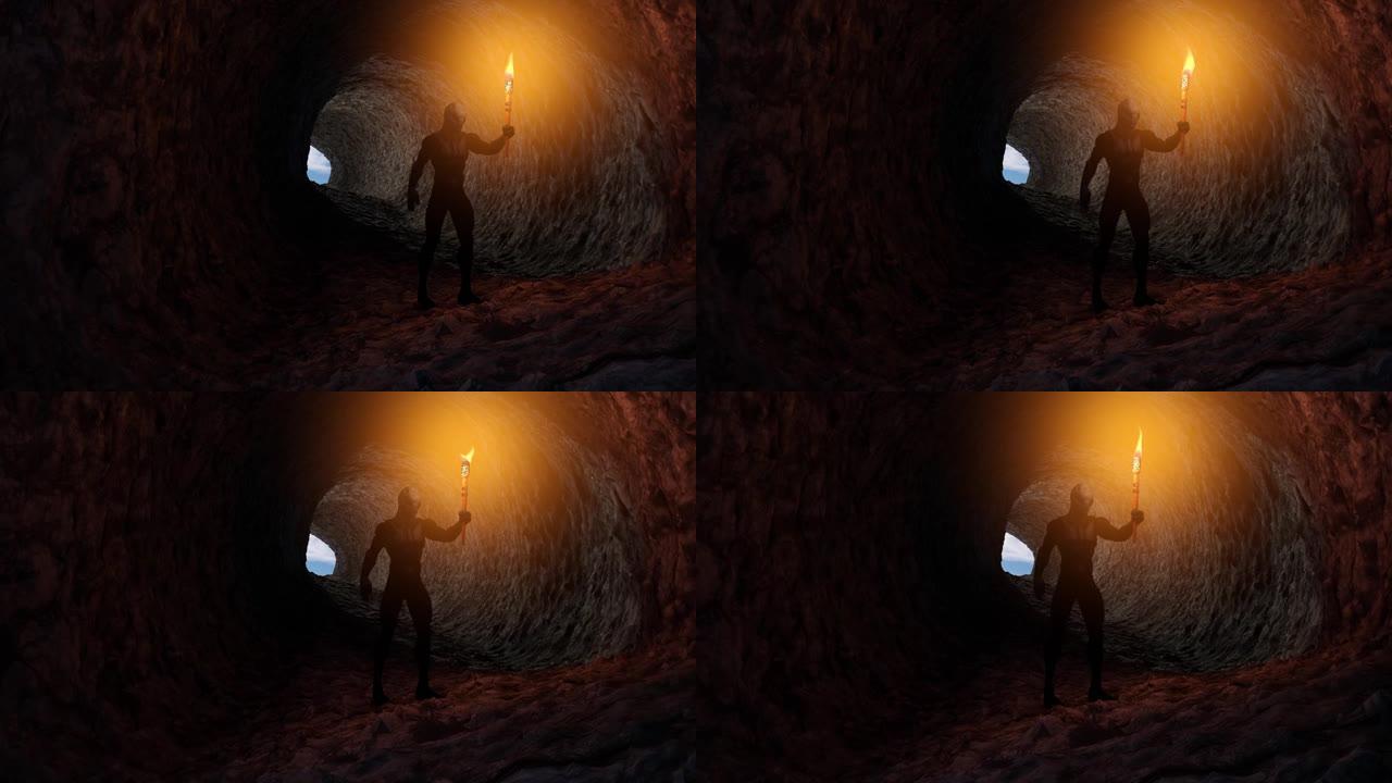 爬行动物人形动物在洞穴中手持燃烧的火炬的3d动画