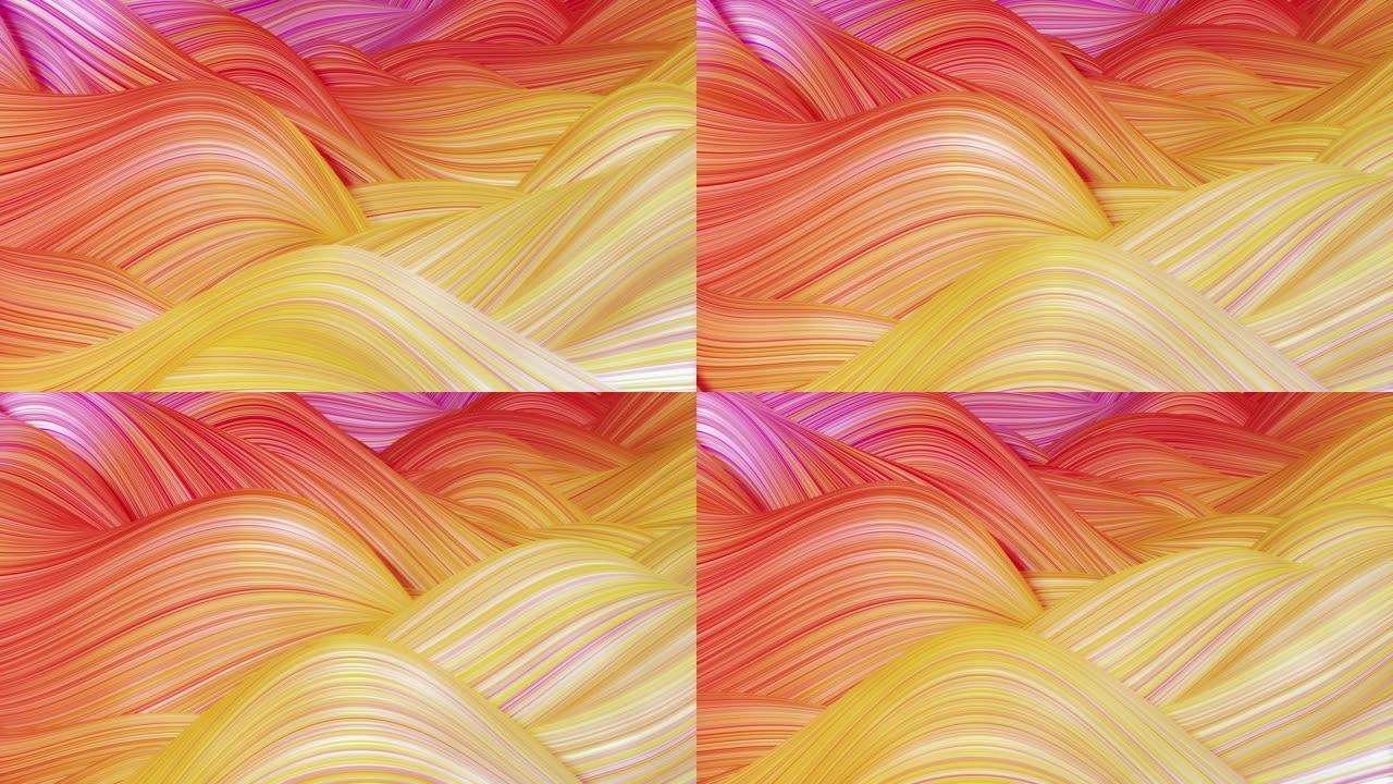 表面波浪的美丽抽象背景，颜色梯度，挤压线条作为条纹织物表面，在液体上有褶皱或波浪。4k环路。6