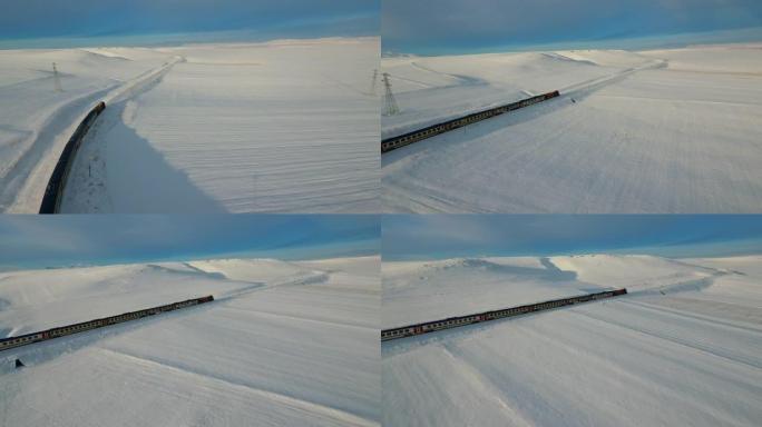 东方快车在下雪的地方的空中拍摄。