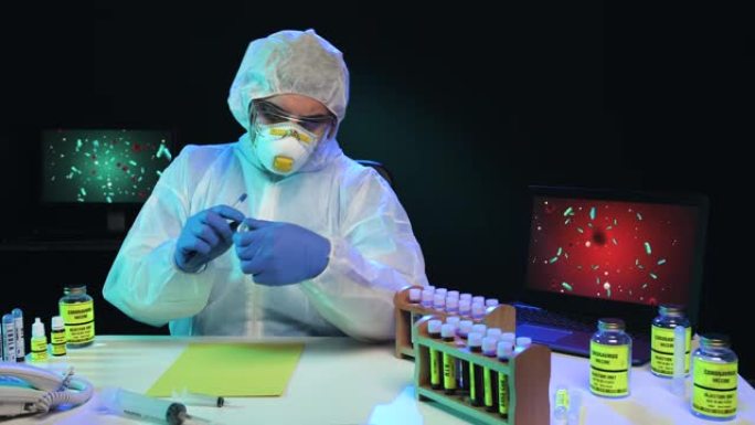 实验室科学家穿着安全病毒服在黄纸上慢动作书写