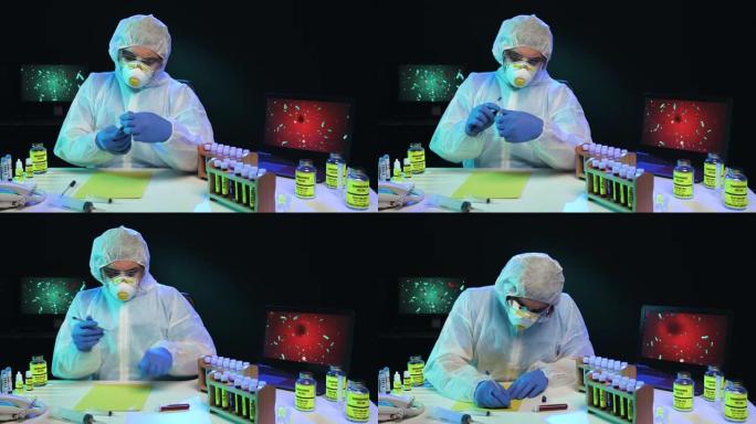 实验室科学家穿着安全病毒服在黄纸上慢动作书写