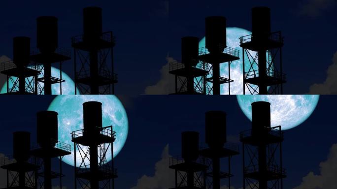 4k超级水月升起在夜空的剪影工业建筑上