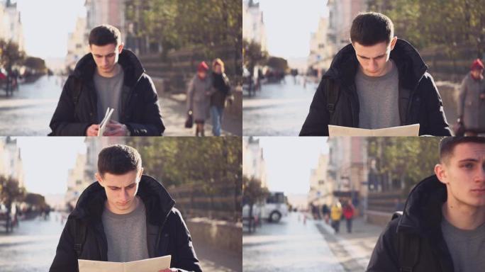 帅哥正在漫步学习地图。迷失在外国城市。行动。动画。4K。