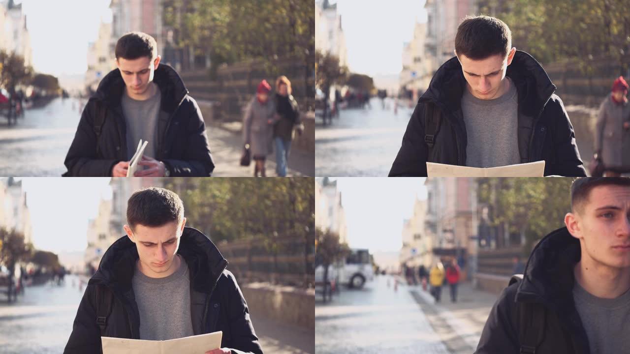 帅哥正在漫步学习地图。迷失在外国城市。行动。动画。4K。