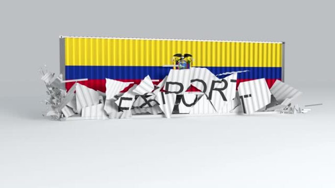 厄瓜多尔集装箱的旗帜落在标有“出口”的集装箱的顶部