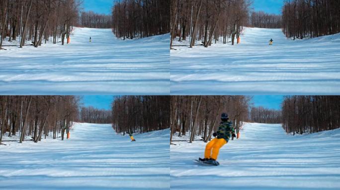 滑雪者滑出雪道，滑雪板。美丽的冬季风景。冬季运动。