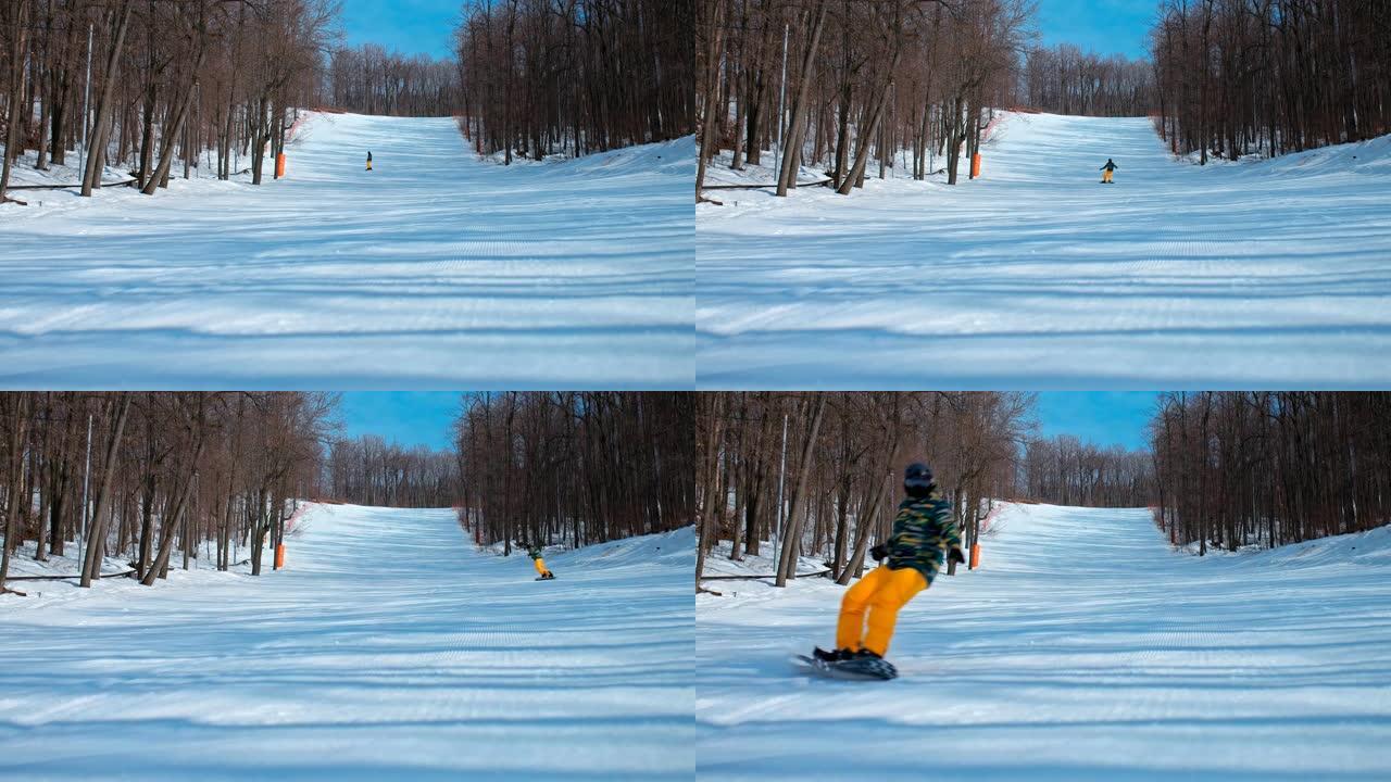 滑雪者滑出雪道，滑雪板。美丽的冬季风景。冬季运动。
