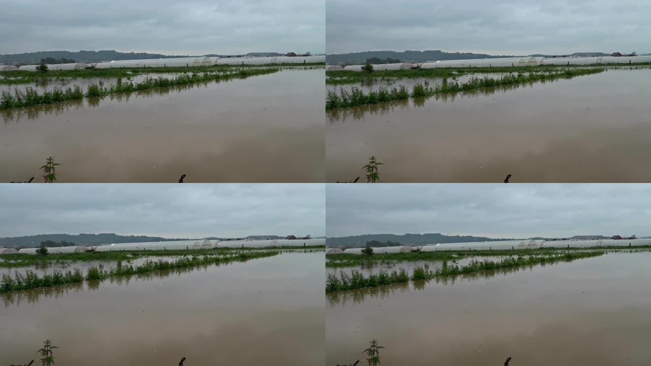 由于大雨导致大量水流，村庄，树木和淹没在洪水中