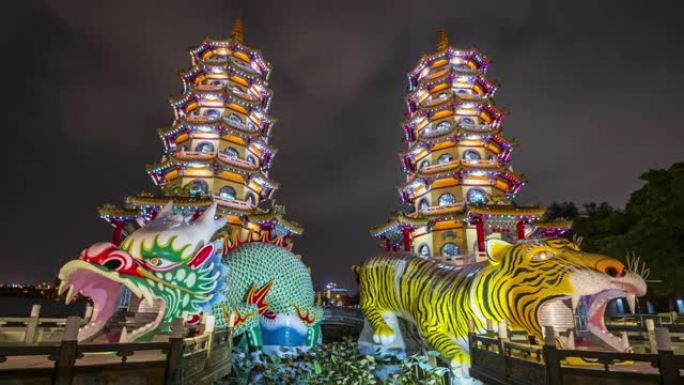 台湾高雄市参观龙塔和虎塔的游客的4k时间流逝