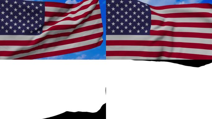 60帧/秒的美国风中飘扬的循环旗帜逼真的3D动画，包括alpha通道。