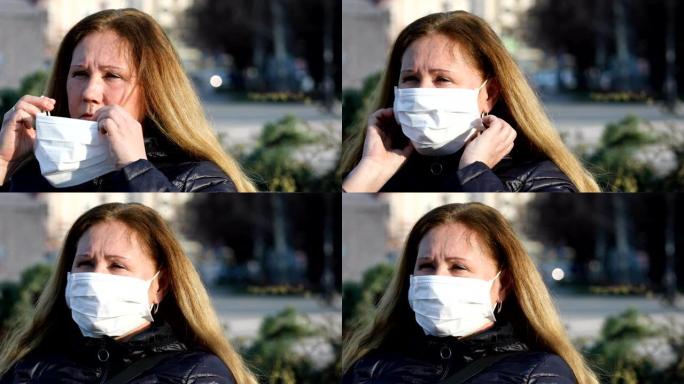 忧心忡忡的女人戴上口罩以防电晕病毒新型冠状病毒肺炎