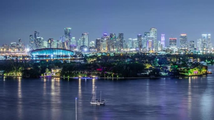 延时-迈阿密市中心天际线的美丽夜景-4K