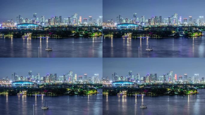 延时-迈阿密市中心天际线的美丽夜景-4K