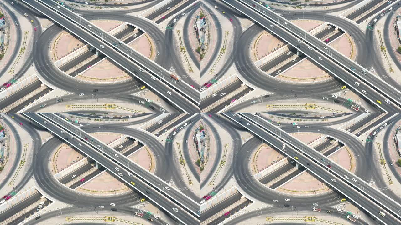 高峰时段公路交叉口的空中拍摄。大城市的交通和交通
