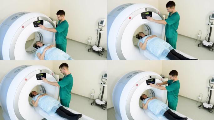 计算机断层扫描或磁共振成像程序。老年女性患者接受医学检查。CT或MRI扫描。4K