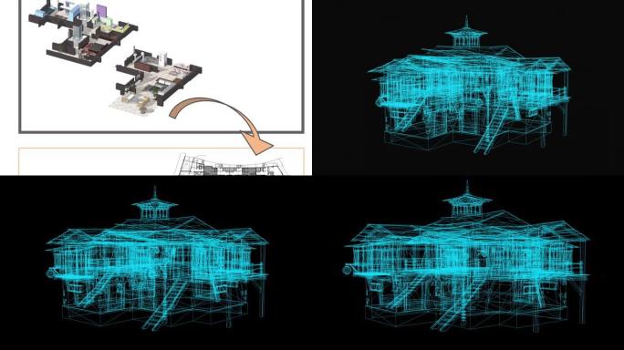 动画显示了地板设计的技术图，并绘制了精美的细节和房屋的3d模型