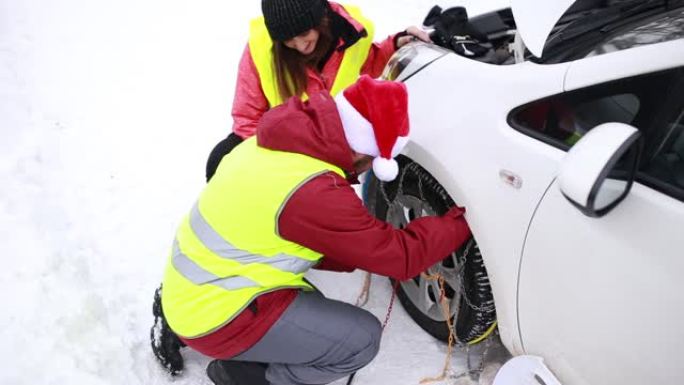 汽车问题防滑链安装冬季道路积雪