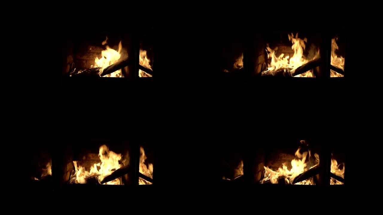 壁炉的玻璃门打开，可以看到明亮的火焰。符号。概念。特写。4k