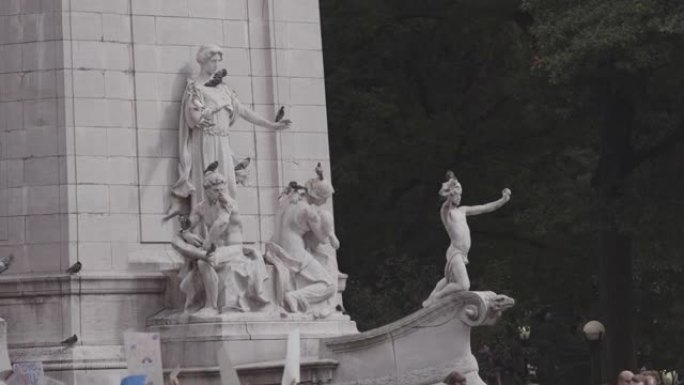 鸟类聚集在纽约的雕像上。