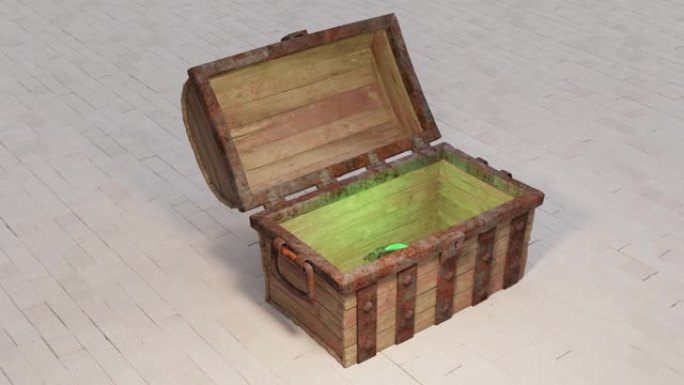 木头和生锈的金属箱子放在旧地板上，上面是一颗非常大的绿色钻石