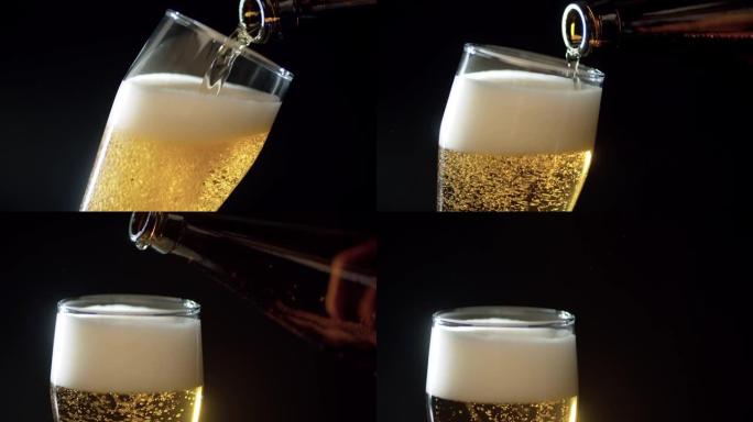 啤酒从瓶子里倒进玻璃杯里