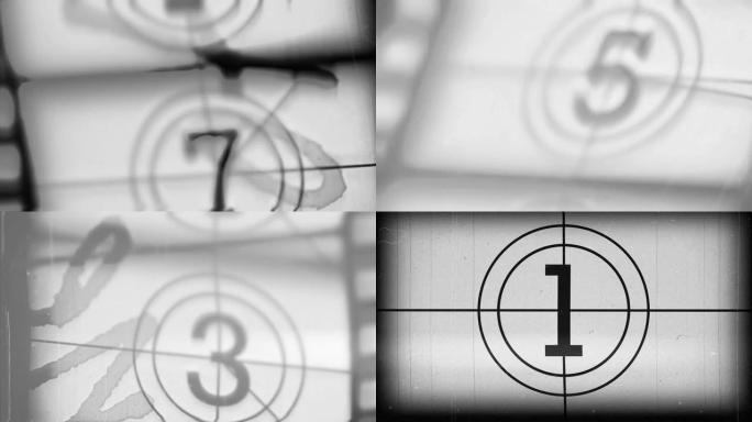 倒计时领袖，老式和retro倒计时10-0。倒计时电影动画。带有细纹、划痕和纹理故障的旧胶片效果。