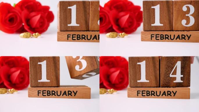 情人节庆祝活动，2月14日日期有红玫瑰花束、结婚戒指和木制日历，孤立在白色背景上。爱情和浪漫的概念。