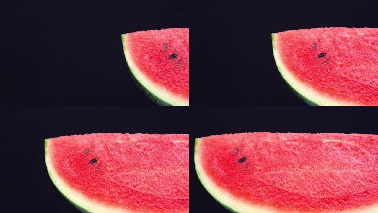 多莉视频拍摄西瓜切成块，在宏观距离拍摄，可以看到美味的红色果肉