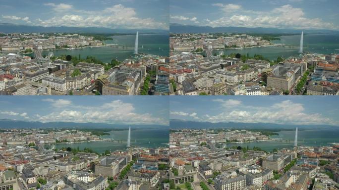 阳光明媚的一天飞越日内瓦中心城市景观湖边喷泉空中全景4k瑞士
