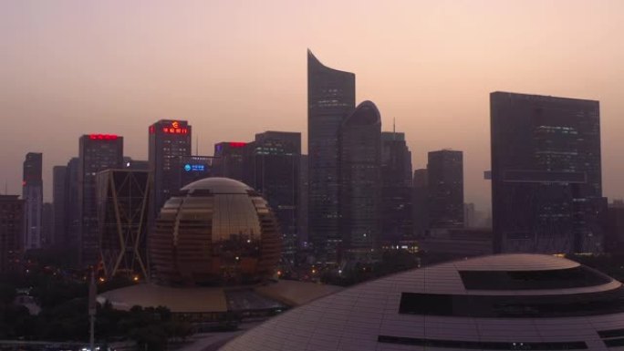 日落时间天空杭州市中心现代建筑空中全景4k中国
