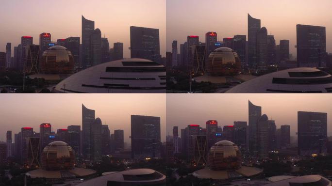 日落时间天空杭州市中心现代建筑空中全景4k中国