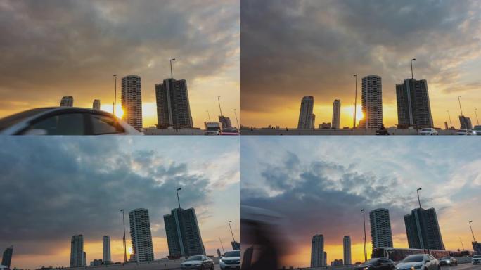 曼谷市的日落: 白天到晚上的时间流逝